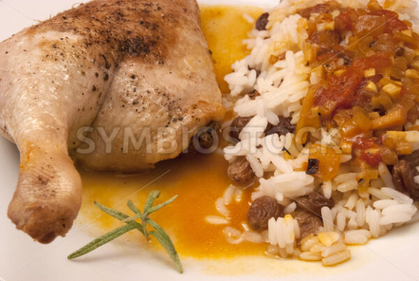 Entenschenkel in Currysauce mit Reis mit Rosinen Detail - Fotos-Schmiede