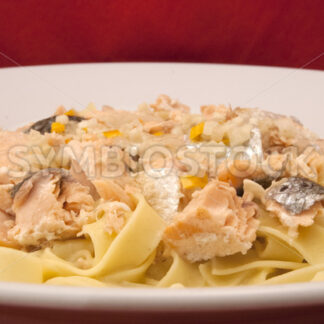 Lachs in Weißwein-Sahne-Sauce mit Bandnudeln Frontal - Fotos-Schmiede