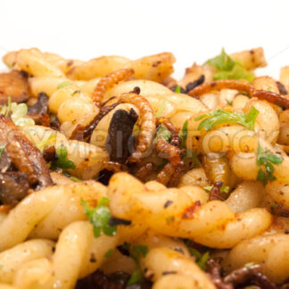 Mehlwürmer-Pilze-Pasta-Pfanne Detail - Fotos-Schmiede