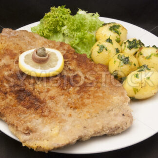 Wiener Schnitzel mit Petersilienkartoffeln und grünem Salat Aufsicht - Fotos-Schmiede