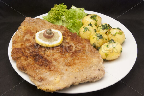 Wiener Schnitzel mit Petersilienkartoffeln und grünem Salat Aufsicht - Fotos-Schmiede