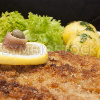 Wiener Schnitzel mit Petersilienkartoffeln und grünem Salat Detail - Fotos-Schmiede