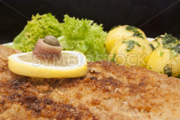 Wiener Schnitzel mit Petersilienkartoffeln und grünem Salat Detail - Fotos-Schmiede