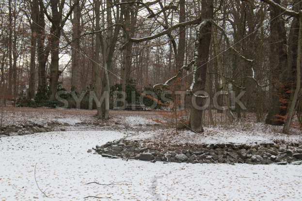 Kleiner, zugefrorener Teich mit Parkbank - Fotos-Schmiede